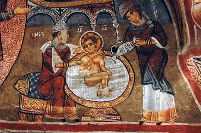 Dark Church Scene with newborn Christ bathed by Salome in 2004 6882edit.jpg