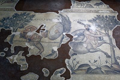 Haleplibahçe Mosaic Museum Achilles' mosaic Achilles with centaur and wise man Chiron 2024 7416.jpg