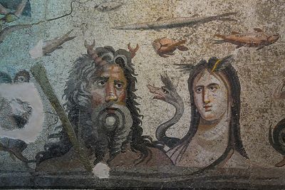 Gaziantep Achaeological Museum Oceanus and Thetys mosaic Oceanus, Thetys and dragon Cetos in 2024 7824.jpg