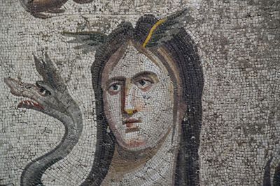 Gaziantep Achaeological Museum Oceanus and Thetys mosaic Thetys and dragon Cetos in 2024 7823.jpg