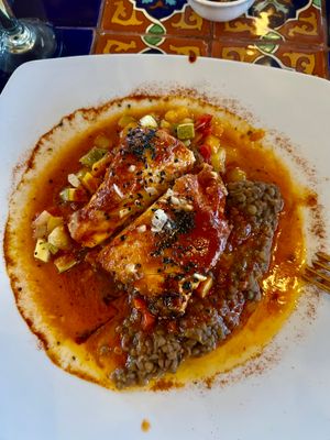 Grouper w/chile guajillo peanut sauce, lentils, and veggies