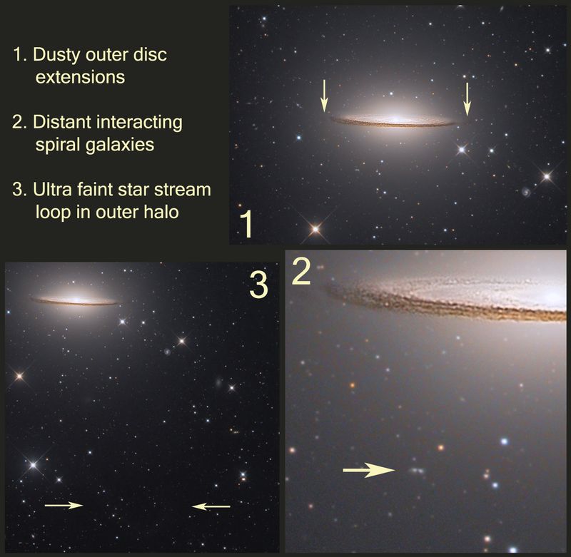 Stellar stream, interacting galaxies and dusty extensions