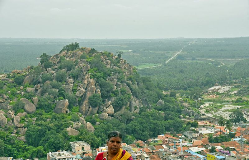 View from Vindhyagiri Hill - Vindhyagiri Hill - Shravanabelagola below and the palm plantings to the horizon - India-2-0912