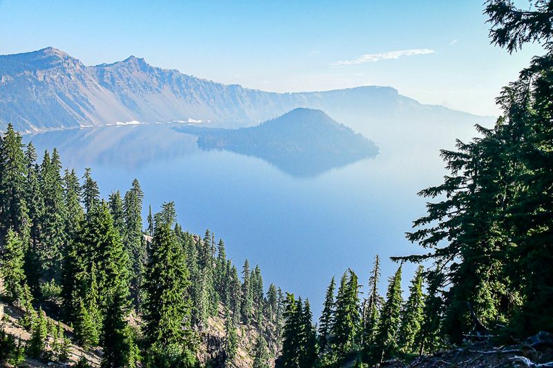 2024 07 21 Wizard Island in Crater Lake with morning haze and fire smoke 8189