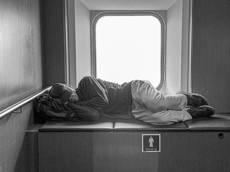 06 14 A quick nap on the ferry to Scotland i0959bw