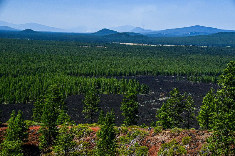 07 19 Edge of Lava Butte cinder cone, Lava Butte lava flow, forest, smoke from two wildfires 7903