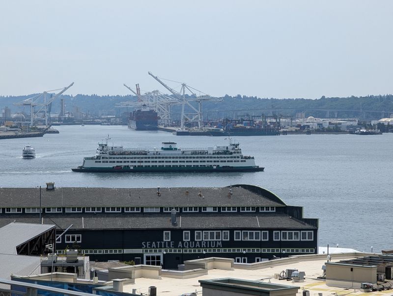 Cranes, ferry, ship, wharf