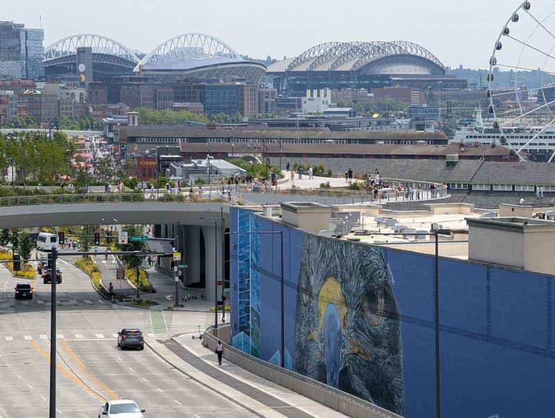 Stadiums, hawk mural, ferry, Ferris wheel