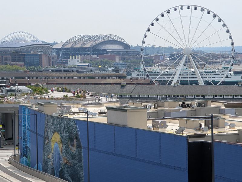 Stadiums, hawk mural, ferry, Ferris wheel