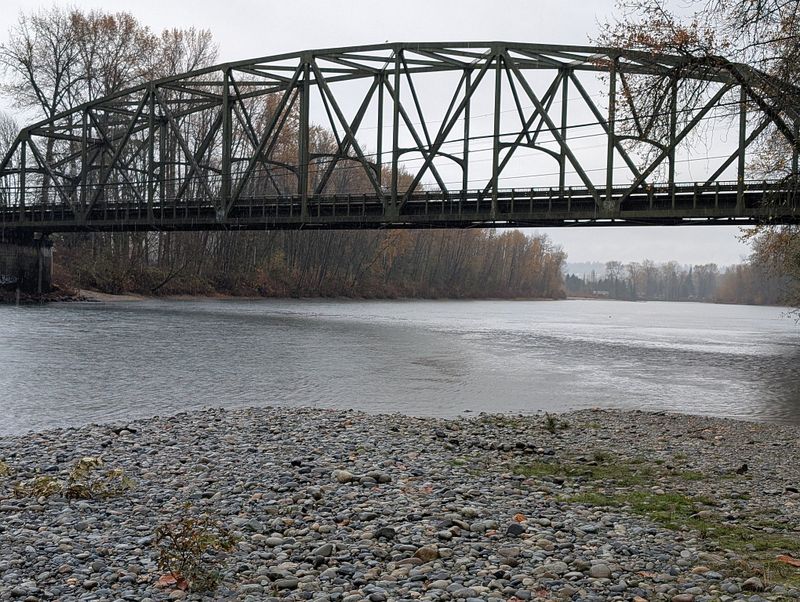 Bridge over Skykomish River, in light rain