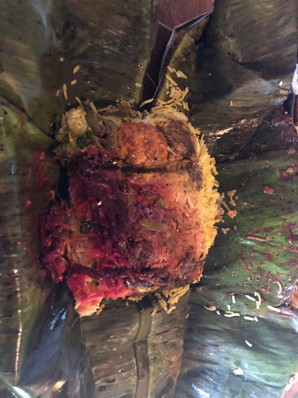 Lamprais, cooked in banana leaves