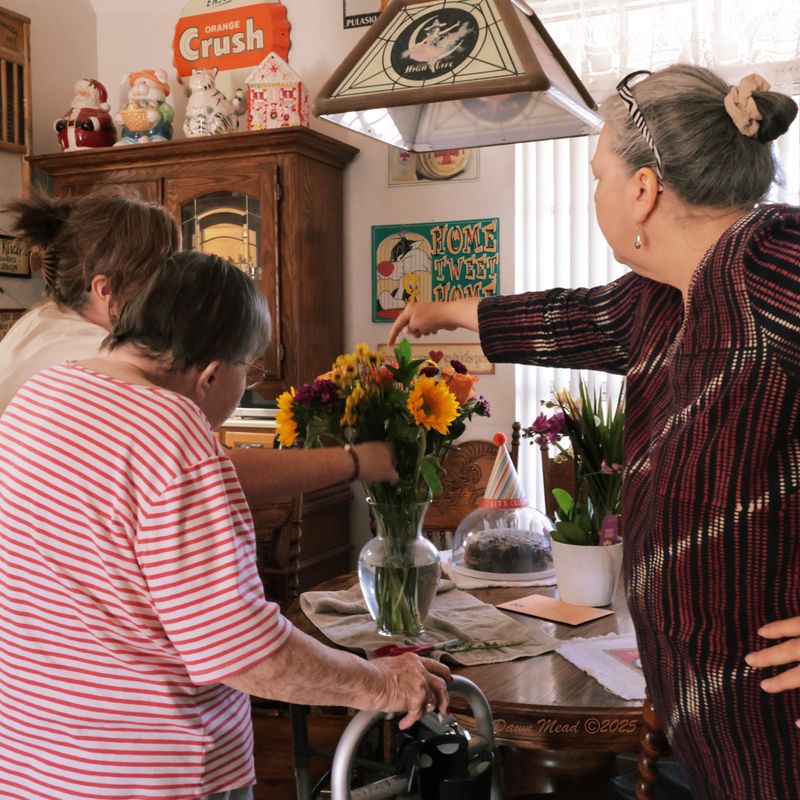 Birthday party for our resident Octogenarian, Bouquet & plants were brought in...
The mild 'no, this way, that way, back and forth' from all three... captured my eye.. just a small quick candid capturing a moment in time for a special birthday.