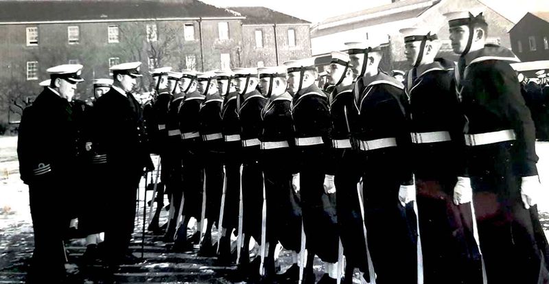 1967, 15TH MAY - PAUL OWEN, 02., 93 RECR., DRAKE, 330 CLASS, LT. CDR THORPE, LT. MAWSON, GUARD INSPECTION BY CAPT. I AM ON RIGHT