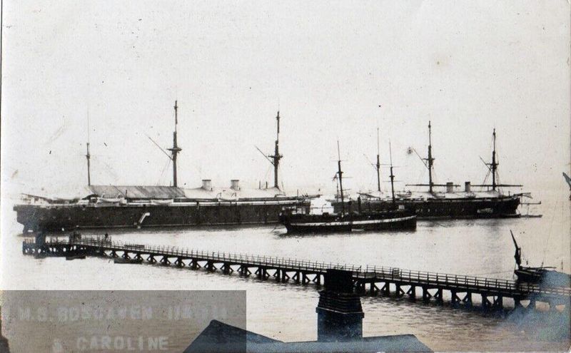 1906 - HMS BOSCAWEN II & III WITH HMS CAROLINE..jpg