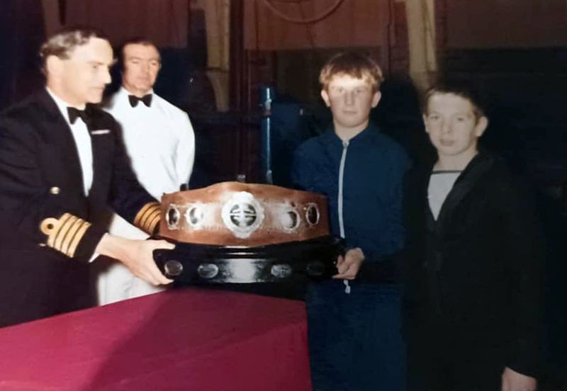 1972, 31ST MAY - JAMES STEWART, 34 RECR., BRIAN CARROLL, RODNEY BOXING TEAM CAPTAIN AND ME PICKING UP THE TROPHY.jpg