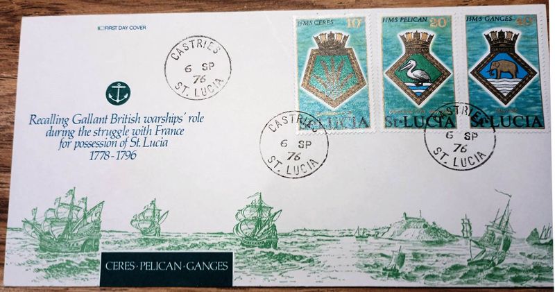 1976, 6TH SEPTEMBER - PETER JACKSON, FIRST DAY COVER STAMPS FROM ST. LUCIA, INCLUDING HMS GANGES.jpg
