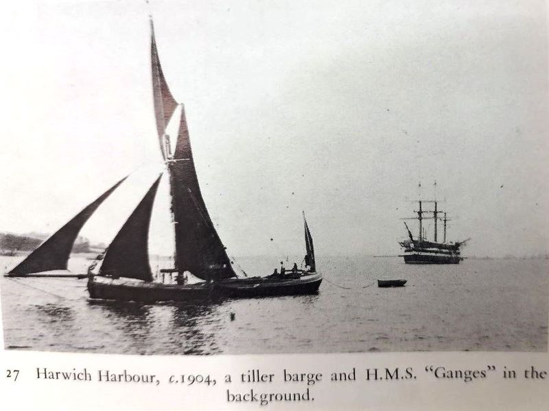 c1904 - DAVID RYE, THAMES SAILING BARGE WITH HMS GANGES IN THE BACKGROUND.jpg