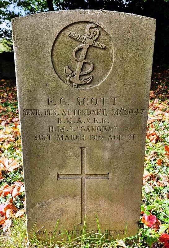 1919, 31 MARCH - JOE WILKINSON, 01., HEADSTONE OF P.G. SCOTT, SENR. RES. ATTENDANT, R.N.A. S.B.R. AT ST. MARY THE VIRGIN, EMBAS