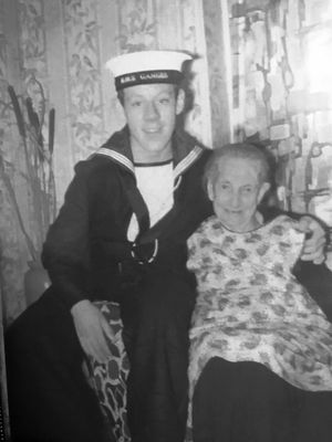 1971, 9TH FEBRUARY - TREVOR MOODY, 23 RECR., BULWARK DIV., WITH MY GREAT GRANDMA ON MY FIRST LEAVE HOME.