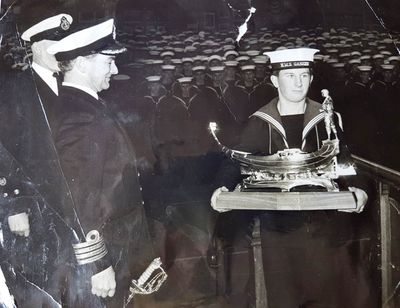 1972 - BRIAN CARRAL, RODNEY, WINNERS OF CAPTAIN'S TROPHY, PRESENTATION IN NELSON HALL.jpg