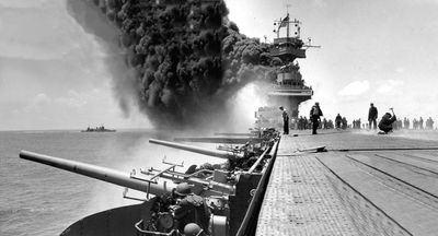 USS Yorktown, Battle of Midway, Kamakazi Damage, June 4, 1942