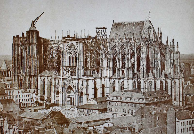 Taken from the net: it shows the cathedral, still under construction, in 1855; it started in the 13th century.  