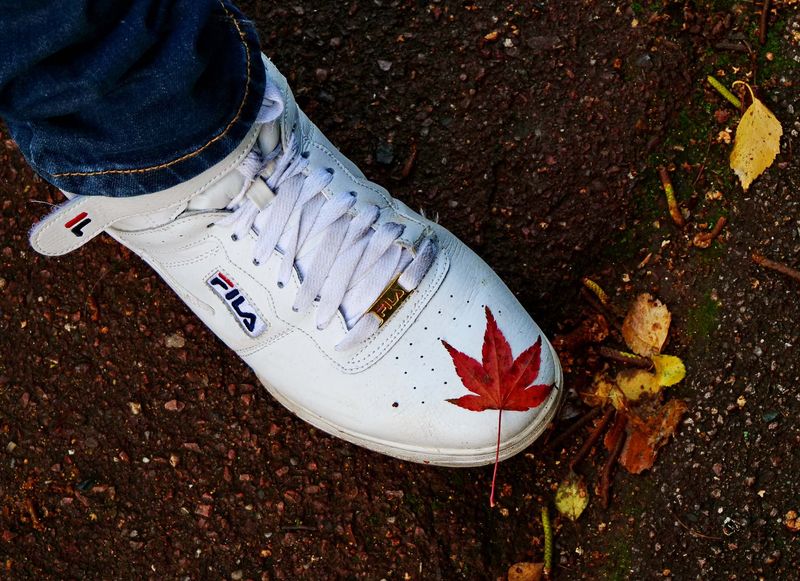 A small red leave on Cyrill's sneakers.  
