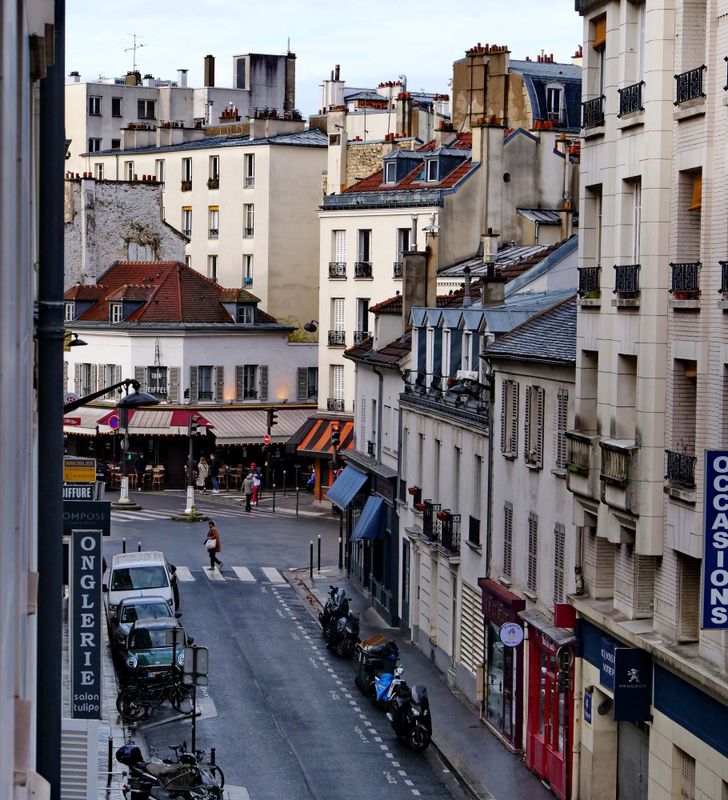 View from our apartment; at the corner is Rue du Commerce.