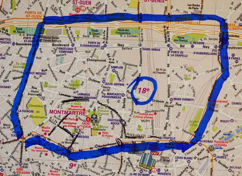 Detail of the 18me; in black, the area walked and pictured.  