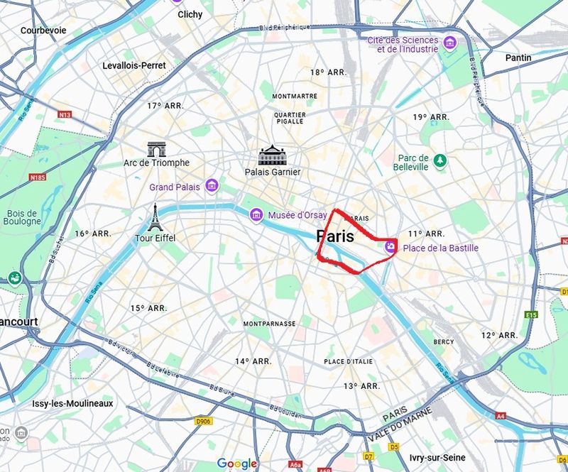 In red, the location of the 4ème arrondissement in Paris.