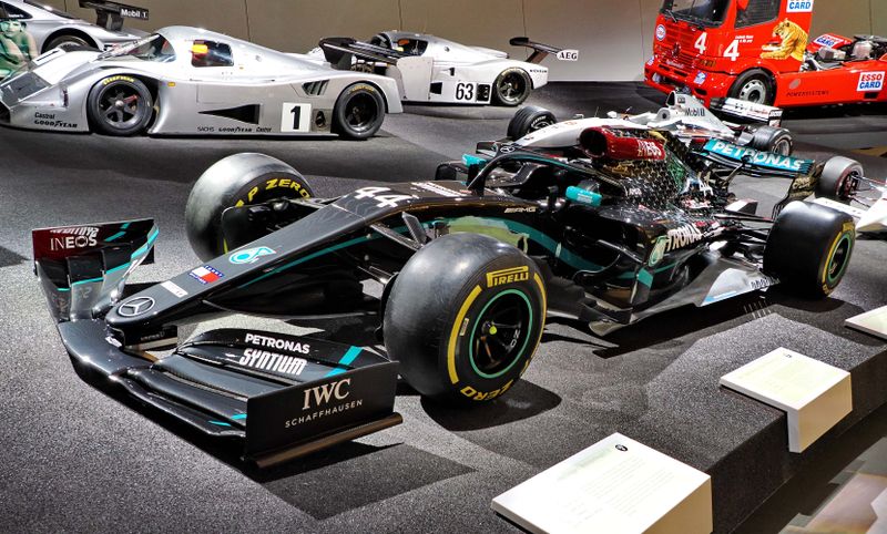 The compettion cars (F1, certainly driven by Lewis Hamilton).