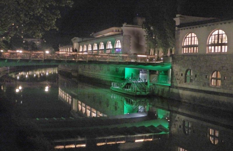 Butchers Bridge and Plecniks Market Colonnade at night
