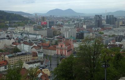 View over Preseren Square & Union Building to Alps