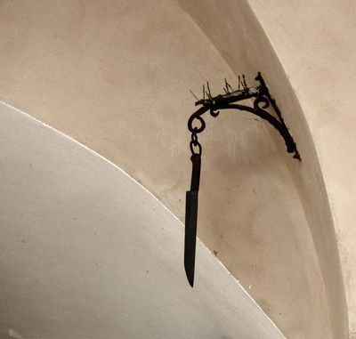 Murder weapon from 14th century displayed on Cloth Hall Ceiling.JPG