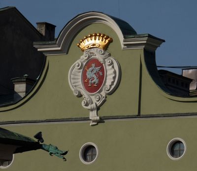  Dragon crest on building in Main Market Square plus dragon waterspout from St Adalberts