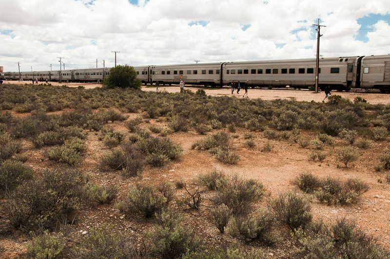 Indian Pacific train stretches through Cook on the Nullarbor Plain