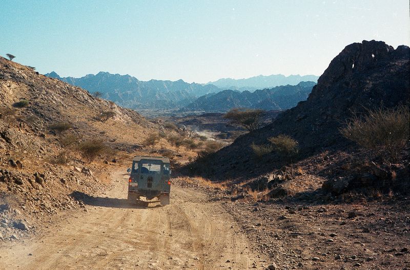 Exploring the Hajar Mountains around Hatta, in a British Embassy Land Rover