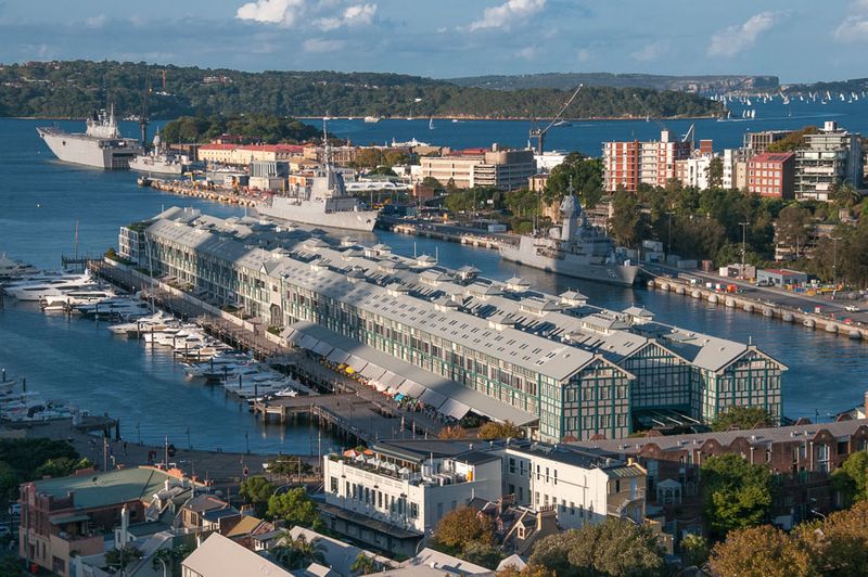 Historic Finger Wharf and the Garden Island naval base at Woolloomooloo, Sydney