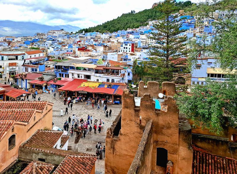 The main town square of Chefchaouen, looking down from the Kasbah