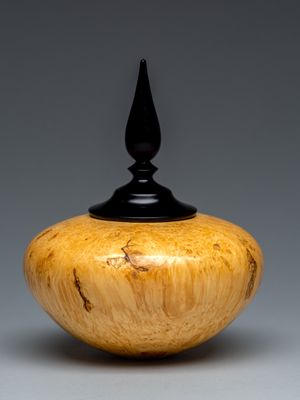 Maple burl lidded box with painted finial.