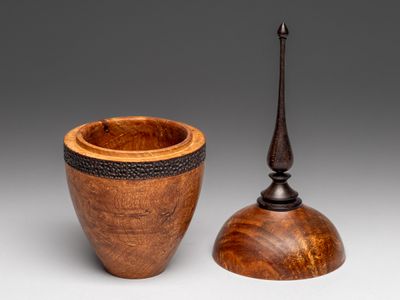 Madrone burl lidded box with African Blackwood finial.