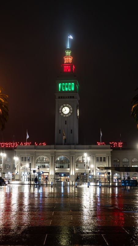 San Francisco Ferry Building Rainy Night