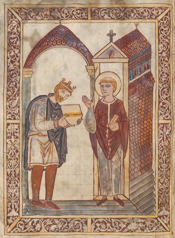 Aethelstan presents a book at St Cuthberts shrine in 934. Aged pigment colour digitally restored in Aethelstans face