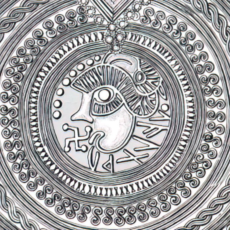 Geltorf (Schleswig-Holstein, German) bracteate head design (IK 255) showing stylistic parallels with the Brinton bracteate head 