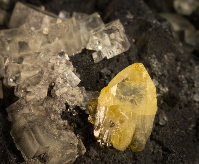Derbyshire classic from the Millclose Mine; a honey coloured anglesite (9 mm crystal) with fluorite, pyrite and galena.