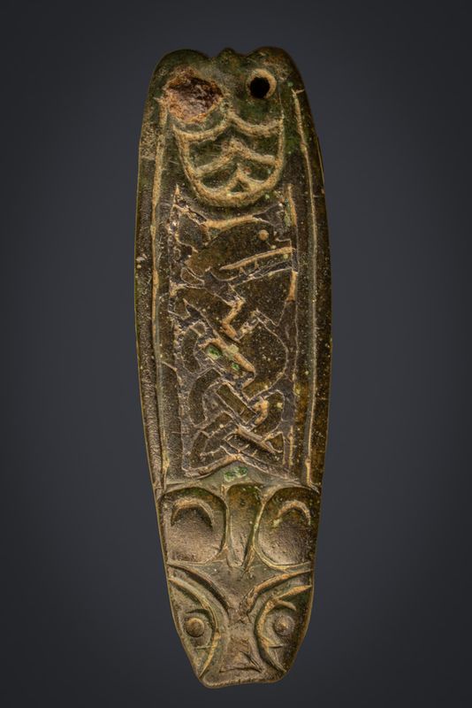 Anglo Saxon strap end with fine niello-enhanced interlace beast. Thomas (2000) Group A1a. Found near Colchester.