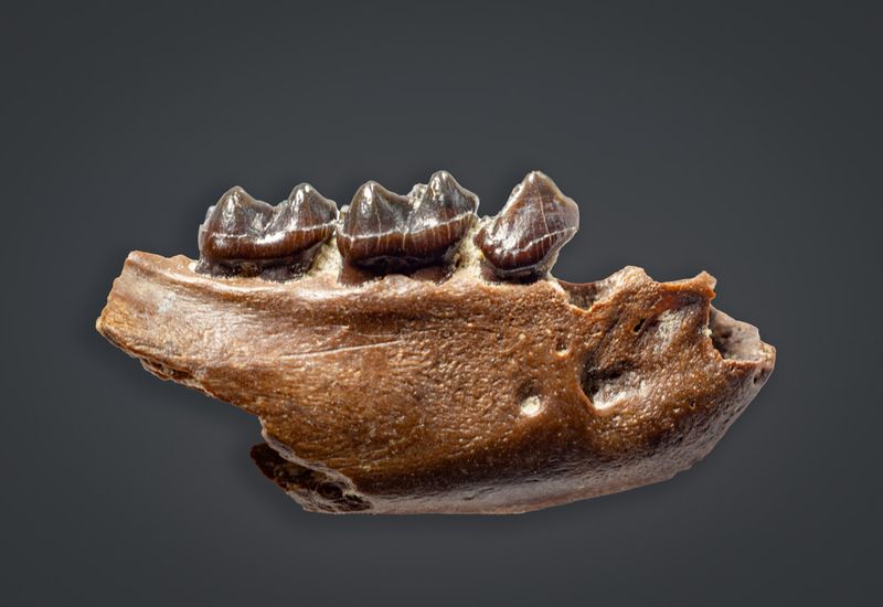 Omomyid Microchoerus erinaceus, 18 mm jaw with three teeth (P4, M1, M2), Upper Eocene, Totland Bay Member, Hordle Cliff.