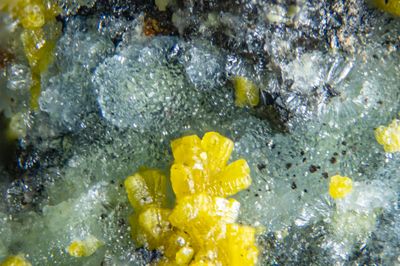 Plumbogummite microcrystals in sparkling druse with yellow mimetite crystals, FOV 3 mm, Dry Gill Mine, Caldbeck Fells, Cumbria