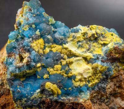 Plumbogummite with mimetite and hollandite, 5 cm specimen, DryGill Mine, Caldbeck Fells, Cumbria. ex. T. Nikischer.