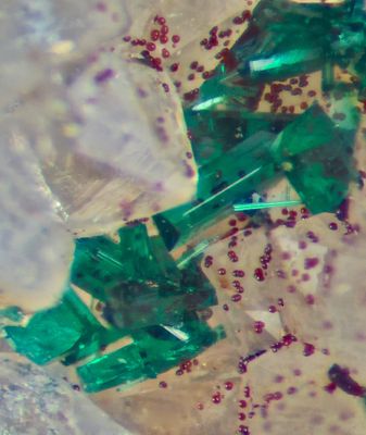 Brochantite microcrystals with lepidocrocite. Roughton Gill, Caldbeck Fells, Cumbria.